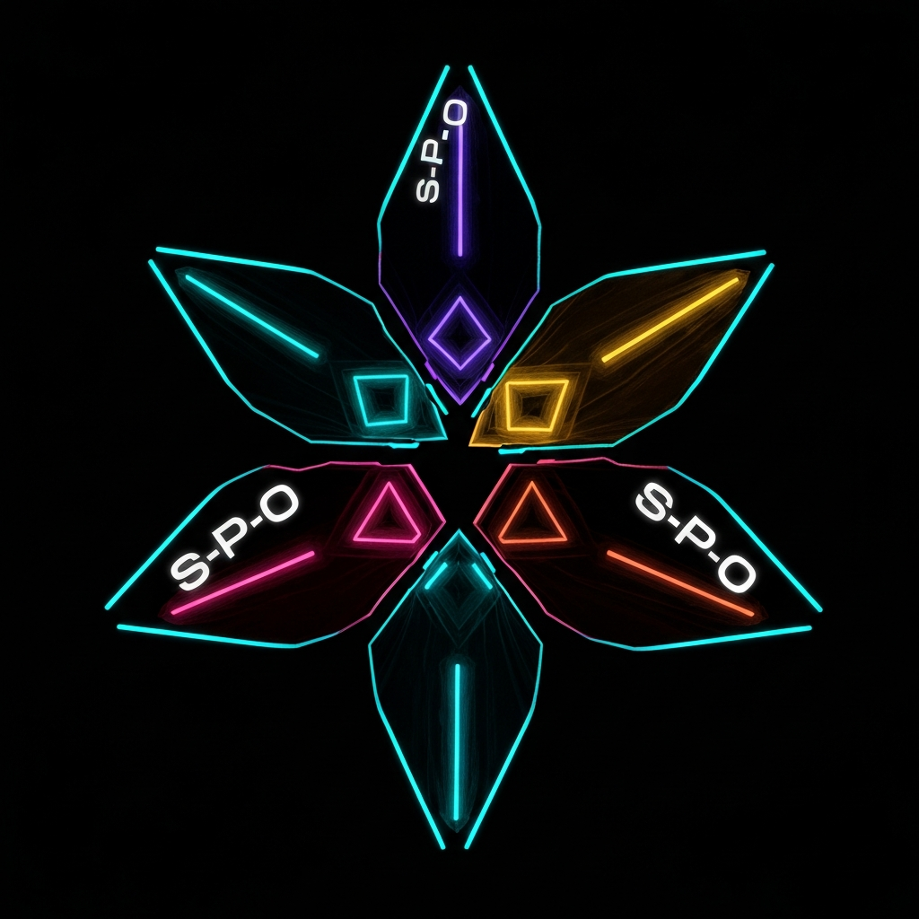 A glowing triforce of three RDF triple graphs hovering above a git repository, S-P-O labels on each 